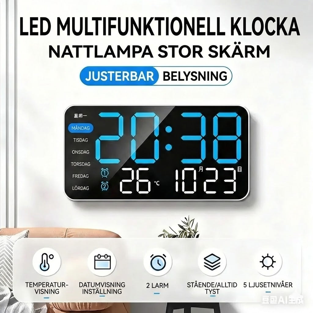 Multifunktionell dekorativ digital LED-väggklocka