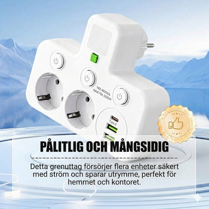 Platsbesparande grenuttag med lampa och USB-portar