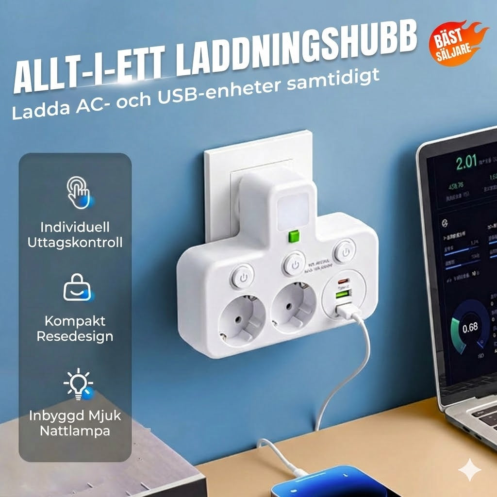 Platsbesparande grenuttag med lampa och USB-portar