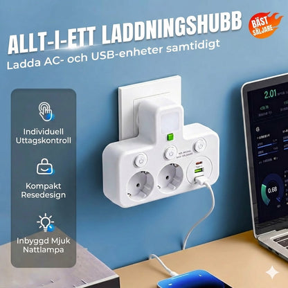 Platsbesparande grenuttag med lampa och USB-portar