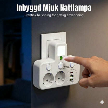 Platsbesparande grenuttag med lampa och USB-portar